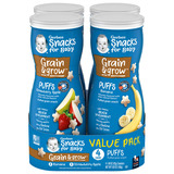Фото Snacks for Baby, Grain & Grow, Puffs, для детей от 8 месяцев, банан, клубника и яблоко, 4 банки по 42 г (1,48 унции)